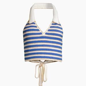 My Beachy Side Ali Crochet Striped Halter Top Small Navy